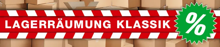 Text "LAGERRÄUMUNG KLASSIK" auf rotem Banner mit weißen Streifen. Hintergrund zeigt Kartons; grünes Prozent-Symbol seitlich.