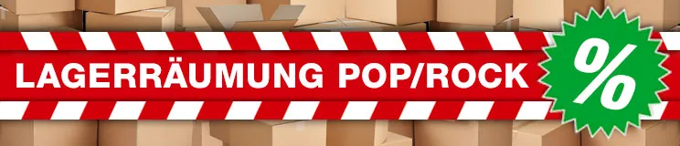 „Lageräumung Pop/Rock“ in einem rot-weiß gestreiften Banner. Dahinter Kartons, rechts ein grünes Prozentzeichen.