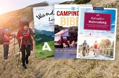 Zwei Wanderer in den Bergen und drei Buchcover aus der Kategorie Reisen