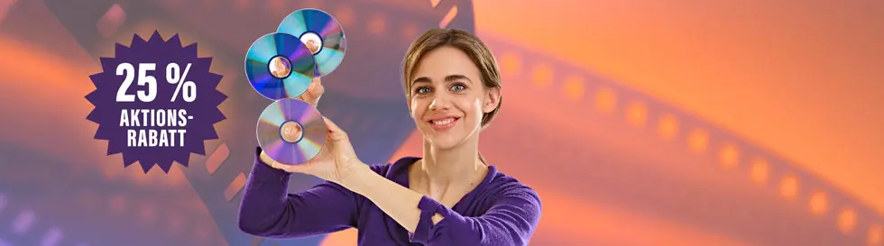 "25 % AKTIONS-RABATT" steht in einem lila Stern. Eine Frau in lila hält drei CDs. Hintergrund zeigt einen Filmstreifen.