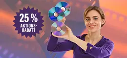 "25 % AKTIONS-RABATT" steht in einem lila Stern. Eine Frau in lila hält drei CDs. Hintergrund zeigt einen Filmstreifen.