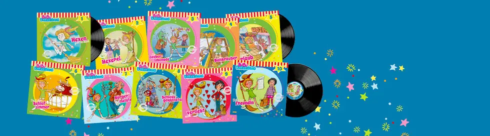 Eine bunte Illustration zeigt zehn Kinderbuch-Cover mit Titeln wie "Hexen", "Hexerei!" und "Zauberlimonade" auf Schallplatten.