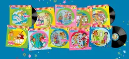 Eine bunte Illustration zeigt zehn Kinderbuch-Cover mit Titeln wie "Hexen", "Hexerei!" und "Zauberlimonade" auf Schallplatten.