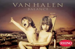 Text: "Van Halen Balance". Zwei sitzende Kinder, eins schreit, in einer surrealen Landschaft. Logo "RHINO" in der Ecke.