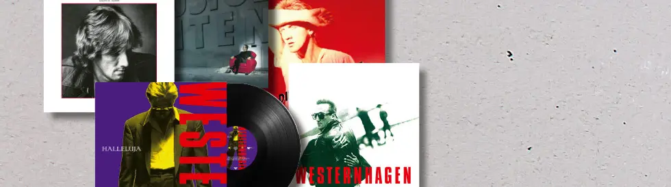 Verschiedene Album-Cover von Marius Müller-Westernhagen mit auffälligen Farbtönen und ein Schallplattenmotiv in der Mitte.
