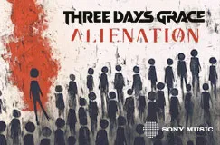 "THREE DAYS GRACE. ALIENATION." Illustration: Ein roter Einzelgänger steht vor vielen schwarzen Silhouetten.