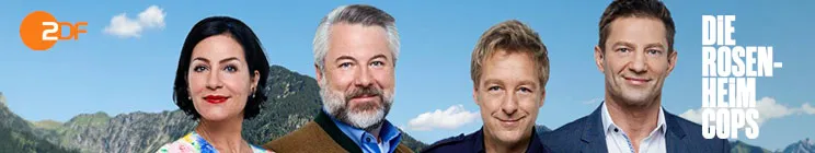 "Die Rosenheim-Cops" steht rechts. Vier Personen vor einer Berglandschaft. ZDF-Logo links oben.