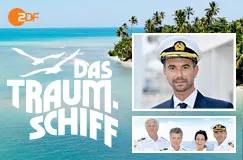 "Das Traumschiff"; ein Kapitän und Crew in Tropenkulisse; ZDF-Logo oben links.