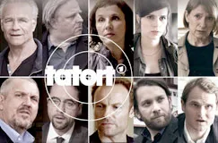 Text: "tatort" mit einem Zielscheibenmotiv. Bilderraster von neun Personen in neutralen Ausdrücken.