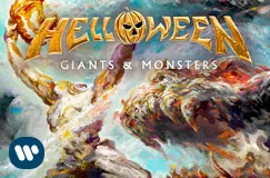 "Helloween Giants & Monsters" in gelber Schrift, darunter ein epischer Kampf zwischen riesigen Kreaturen.