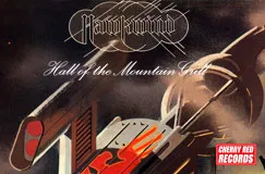 Text "Hawkwind" und "Hall of the Mountain Grill". Untere Ecke: "Cherry Red Records". Futuristische Illustration.
