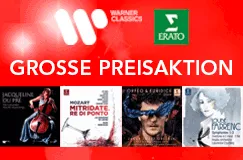 „GROSSE PREISAKTION“ in Weiß auf rotem Hintergrund, darüber Warner Classics und Erato Logos, darunter vier Musikalben.