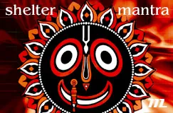 Text: "shelter mantra". Illustration eines stilisierten, fröhlichen Gesichts mit rotem, schwarzem und weißem Design vor rotem Hintergrund.