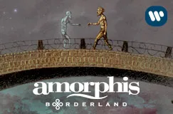 "Amorphis – Borderland" ist in Großbuchstaben unter einer Brücke zu sehen. Zwei Figuren reichen sich dort die Hand.