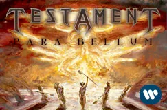 "Testament Para Bellum" steht auf einer dramatischen, feurigen Illustration mit einer Engelsgestalt und Kriegern.