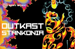 „OUTKAST STANKONIA“ in weißem Text. Bunte, abstrakte Illustration einer stilisierten Person mit wirbelndem Muster.