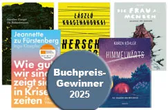 Ein rundes Logo mit der Aufschrift "Buchpreis-Gewinner 2025" vor Buchcovern mit verschiedenen Farben und Titeln.