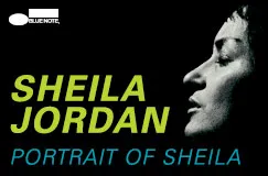 Text: "SHEILA JORDAN PORTRAIT OF SHEILA". Rechts ein Profilbild einer Frau, links ein Logo mit blauem Oval und weißem Text.