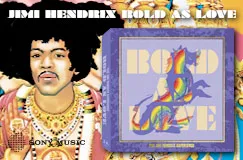 „Jimi Hendrix Bold As Love“ steht oben, bunte Illustration mit Jimi Hendrix und einem Albumcover daneben.