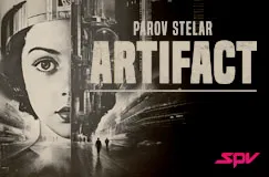 Text: "PAROV STELAR", "ARTIFACT", Logo: "SPV" in Pink. Illustration: Halb Gesicht einer Frau, Stadtlandschaft rechts.