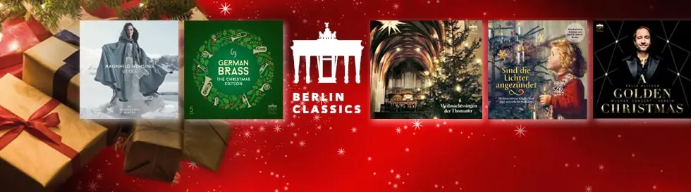 Weihnachtliche CD-Cover umgeben das weiße Berlin Classics Logo; Hintergrund mit Geschenken und roten Sternen.