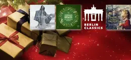 Weihnachtliche CD-Cover umgeben das weiße Berlin Classics Logo; Hintergrund mit Geschenken und roten Sternen.