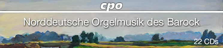 „Norddeutsche Orgelmusik des Barock, 22 CDs.“ Landschaftsgemälde mit Bäumen und Feldern unter blauem Himmel.