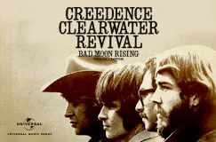 "CREEDENCE CLEARWATER REVIVAL BAD MOON RISING" wird über vier Männer in sepiafarbenem Profil gezeigt. Logo unten links.
