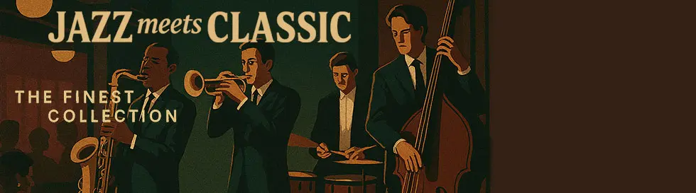 "Jazz meets Classic", "The Finest Collection". Illustration von Jazzmusikern: Saxophon, Trompete, Schlagzeug, Kontrabass.