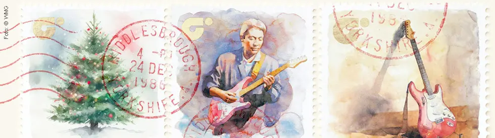 Illustration von zwei Briefmarken: Tannenbaum, Chris Rea mit Gitarre, E-Gitarre und Post-Stempel. 