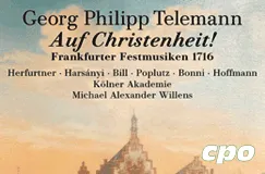 "Georg Philipp Telemann: Auf Christenheit! Frankfurter Festmusiken 1716" und weitere Musiker. Im Hintergrund ein Gebäude.