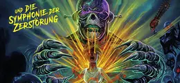 Text: „UND DIE SYMPHONIE DER ZERSTÖRUNG“. Eine dunkle, bedrohliche Illustration mit Skelettwesen und Lichtstrahlen.