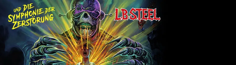 Text: „UND DIE SYMPHONIE DER ZERSTÖRUNG“. Eine dunkle, bedrohliche Illustration mit Skelettwesen und Lichtstrahlen.