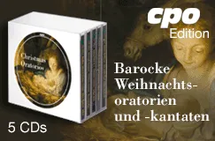 "Barocke Weihnachtsoratorien und -kantaten", "5 CDs", "cpo Edition". Weihnachtsmotiv im Hintergrund. Paket mit CDs links.