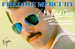"FREDDIE MERCURY", "Mr Bad Guy", "40th Anniversary Special Edition". Gesicht mit Sonnenbrille, Bart. Logo "Virgin".