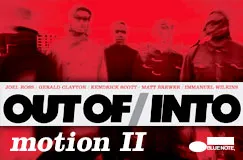 "OUT OF/INTO", darunter "motion II". Namen von Musikern. Personen in rotem Licht, Logo rechts unten.