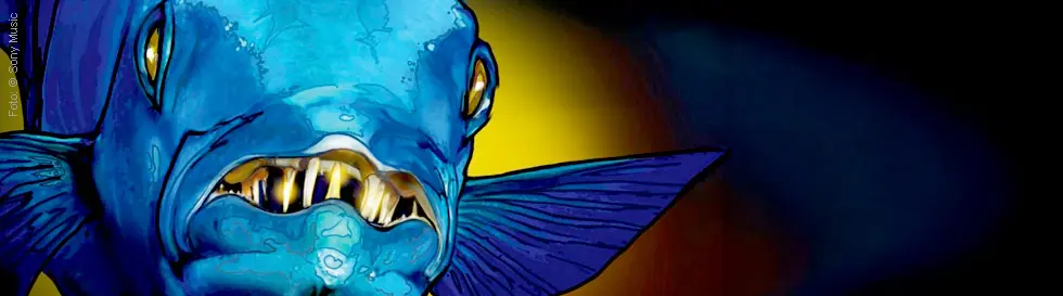 Illustration eines blauen Fisches mit großen gelben Augen und spitzen Zähnen vor gelbem Hintergrund.