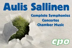 Text: "Aulis Sallinen, Complete Symphonies, Concertos, Chamber Music, cpo." Ein Grasbüschel bricht durch eine Oberfläche aus Papier