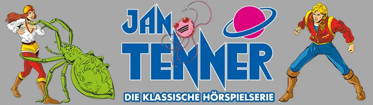 "JAN TENNER DIE KLASSISCHE HÖRSPIELSERIE" - Illustrationen von Figuren, Monstern und ein lila Planetensymbol.