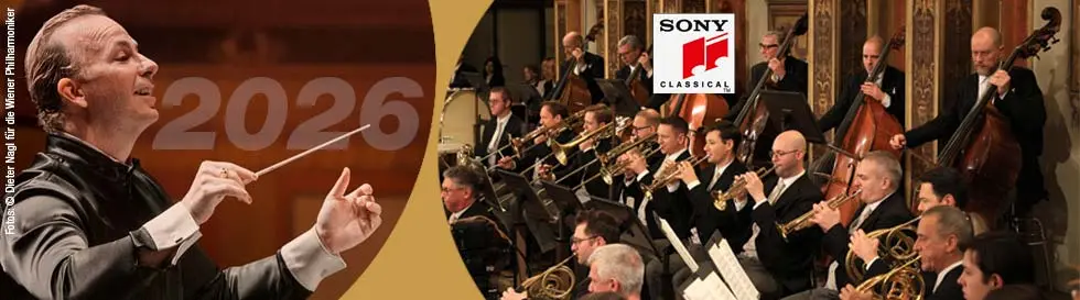 Neujahrskonzert 2026, "Sony Classical" Logo. Ein Dirigent führt ein Orchester in einem Konzertsaal.