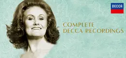 JOAN SUTHERLAND – COMPLETE DECCA RECORDINGS. Porträt einer lächelnden Frau mit lockigem Haar. Oben rechts ein DECCA-Logo.