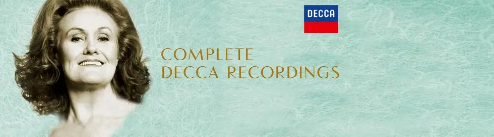 JOAN SUTHERLAND – COMPLETE DECCA RECORDINGS. Porträt einer lächelnden Frau mit lockigem Haar. Oben rechts ein DECCA-Logo.