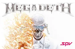 Der Text "MEGADETH" und spv-Logo. Ein Skelett in Anzug mit Feuer hinter ihm, trägt eine futuristische Brille.