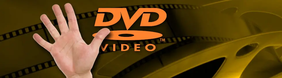 Ein oranges "DVD VIDEO" Logo mit einer erhobenen Hand mit fünf abgespreizten Fingern im Vordergrund und Filmstreifen im Hintergrund.
