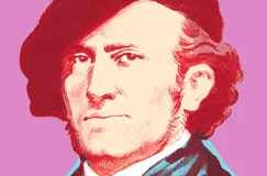 Eine stilisierte Illustration eines Mannes mit Bart und Hut auf rosa Hintergrund.