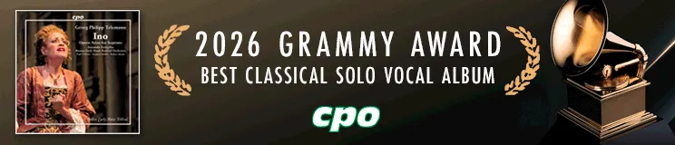 "2026 Grammy Award. Best Classical Solo Vocal Album. cpo. Links Cover mit Sängerin, rechts goldenes Grammophon."