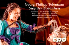Titel: "Georg Philipp Telemann - Sieg der Schönheit" mit Darstellerin in buntem Kleid und ritterähnlicher Figur. Logo: cpo