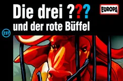 "Die drei ??? und der rote Büffel", Europa-Logo, Illustration eines roten Büffels hinter Gittern.