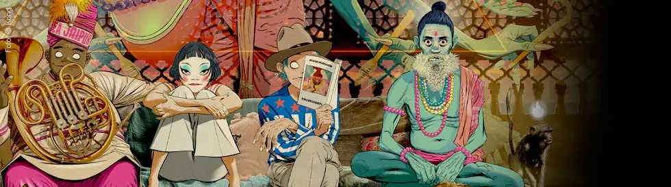 Auf einer bunten Illustration sitzt eine Gruppe mit exotisch gekleideten Figuren, begleitet von Tieren wie einem Tiger und Ziegen.