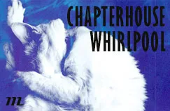 Großer Text: "CHAPTERHOUSE WHIRLPOOL". Eine Katze in Blau- und Weißtönen rollt sich zusammen, stilisierte Darstellung.
